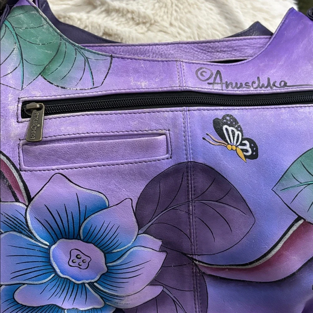 ANUSCHIKA India Purple Leather Floral‎ Triple Compartment Large Satchel Bag